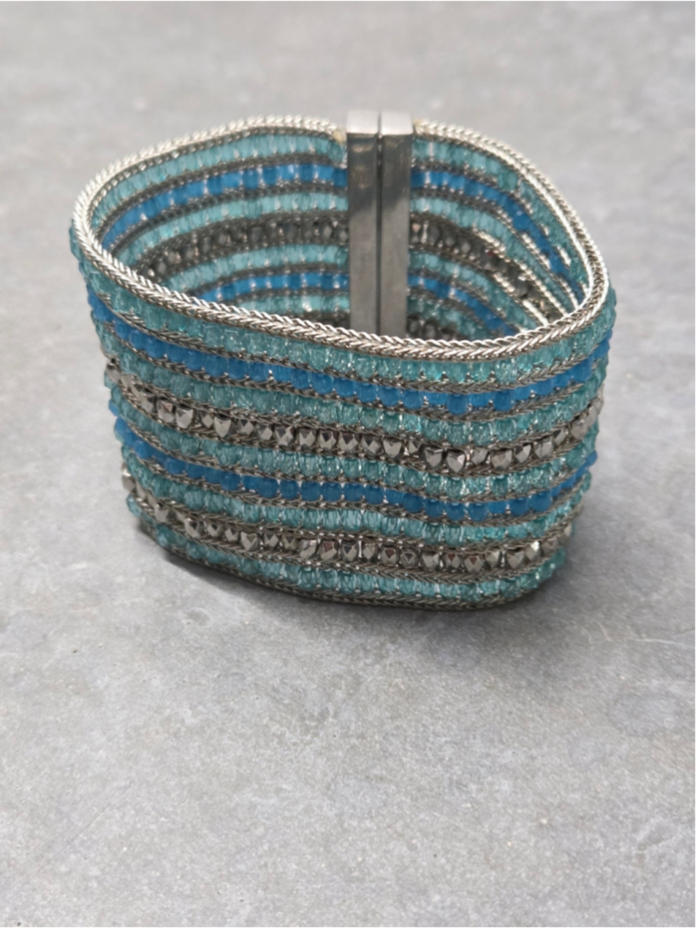 Blue Crystal Striped Cuff Bracelet Magnetic Beaded Glacial Aquamarine